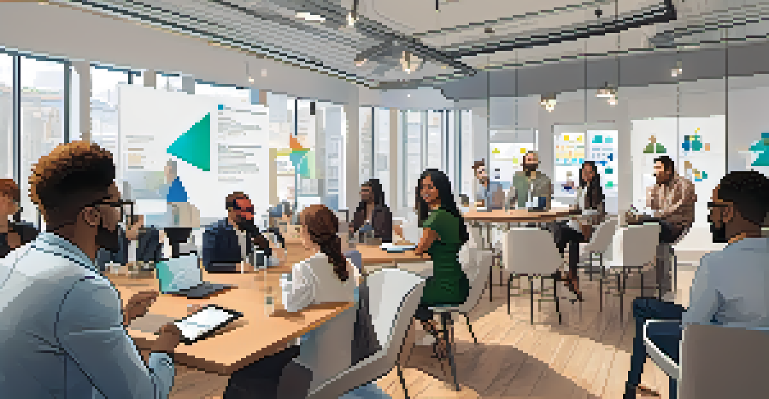 A networking event in a modern co-working space featuring professionals discussing blockchain technology with graphics displayed on a screen.