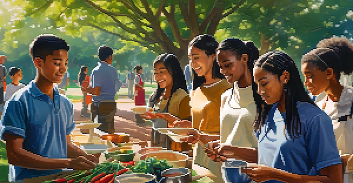 A diverse group of students cooking together in a park, representing various cultures and ethnicities, with colorful ingredients and sunlight filtering through trees.