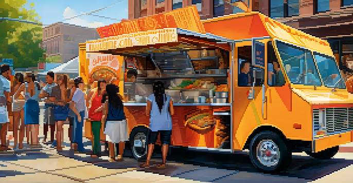 A colorful food truck with a busy crowd enjoying meals in a sunny urban setting.