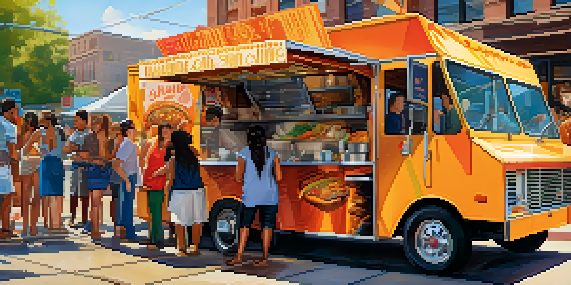 A colorful food truck with a busy crowd enjoying meals in a sunny urban setting.