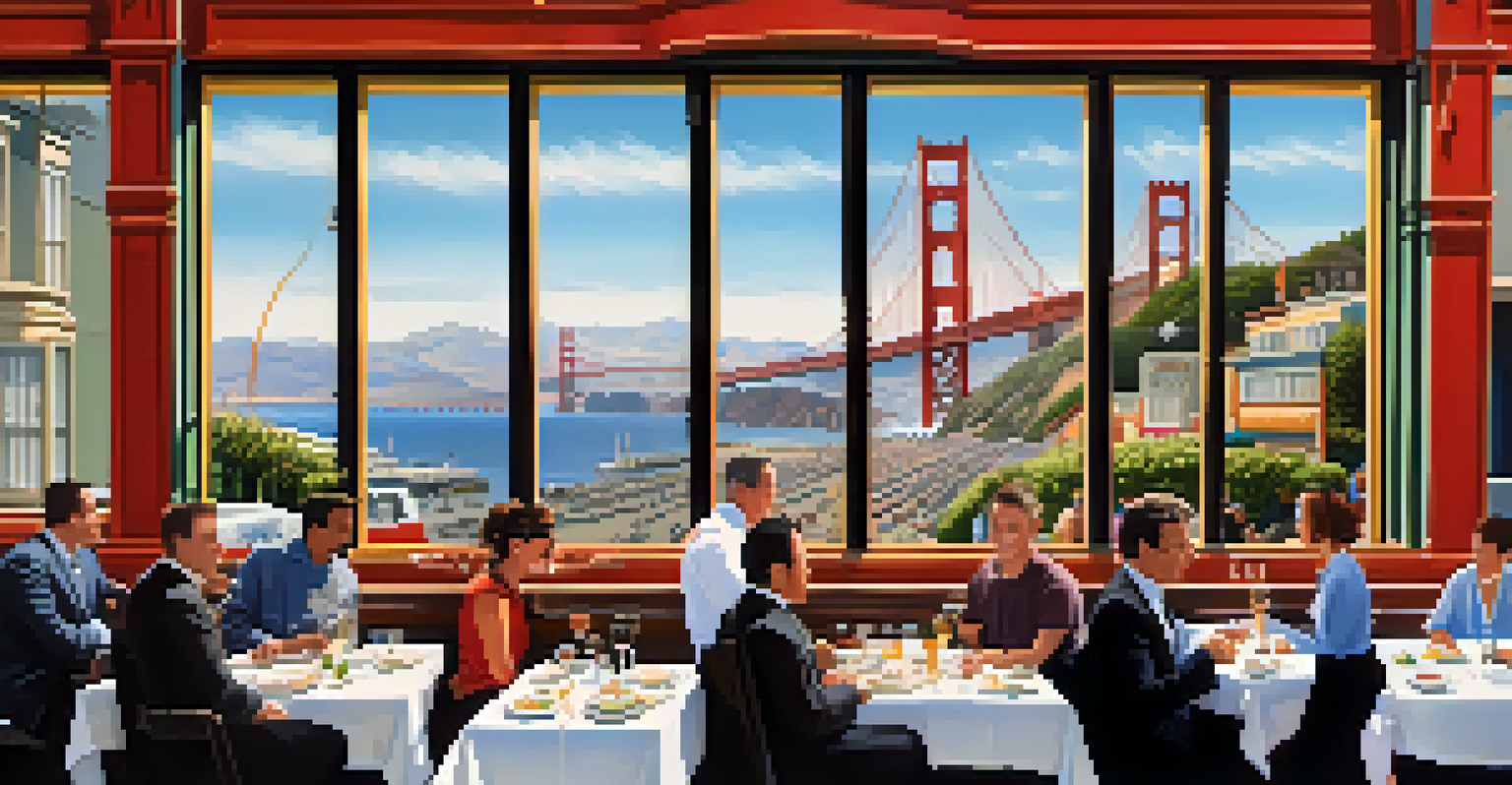 A vibrant San Francisco street bustling with diners and chefs in Michelin-starred restaurants, with the Golden Gate Bridge in the background.