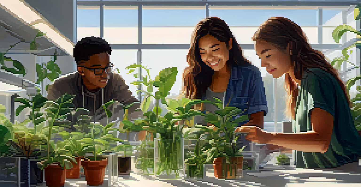 Diverse group of students working together in a modern lab at UC Berkeley, surrounded by plants and scientific equipment.