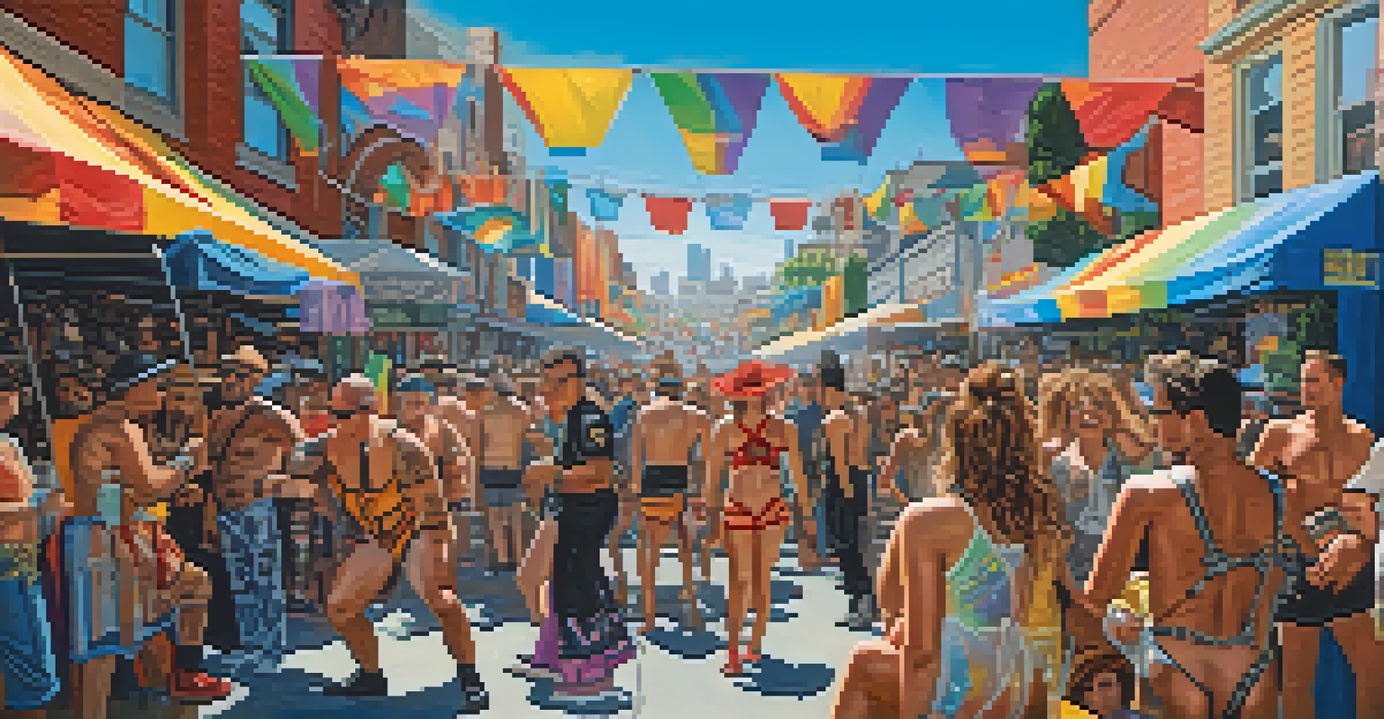 Participants in colorful costumes celebrating at the Folsom Street Fair, surrounded by vendor booths and live performances.