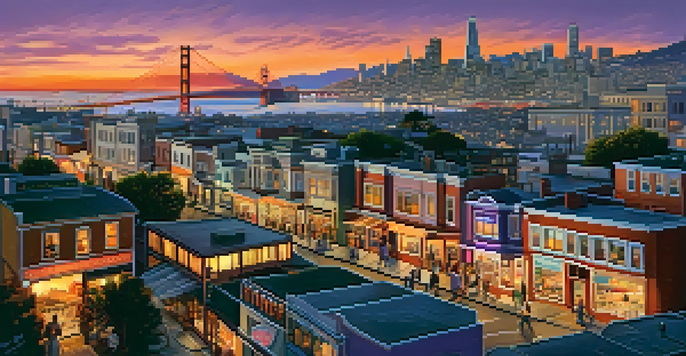 A sunset view of downtown San Francisco with the Golden Gate Bridge and skyscrapers, bustling street life in the foreground.