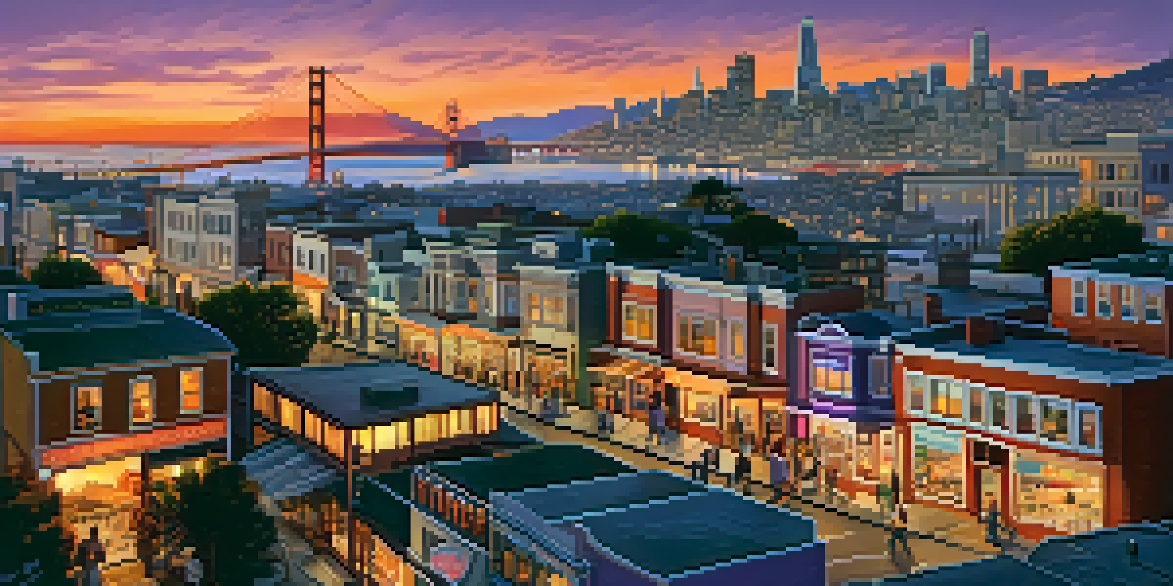 A sunset view of downtown San Francisco with the Golden Gate Bridge and skyscrapers, bustling street life in the foreground.
