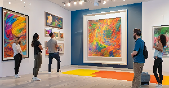 A digital representation of a virtual art exhibition with colorful artworks and viewers engaging through their devices.