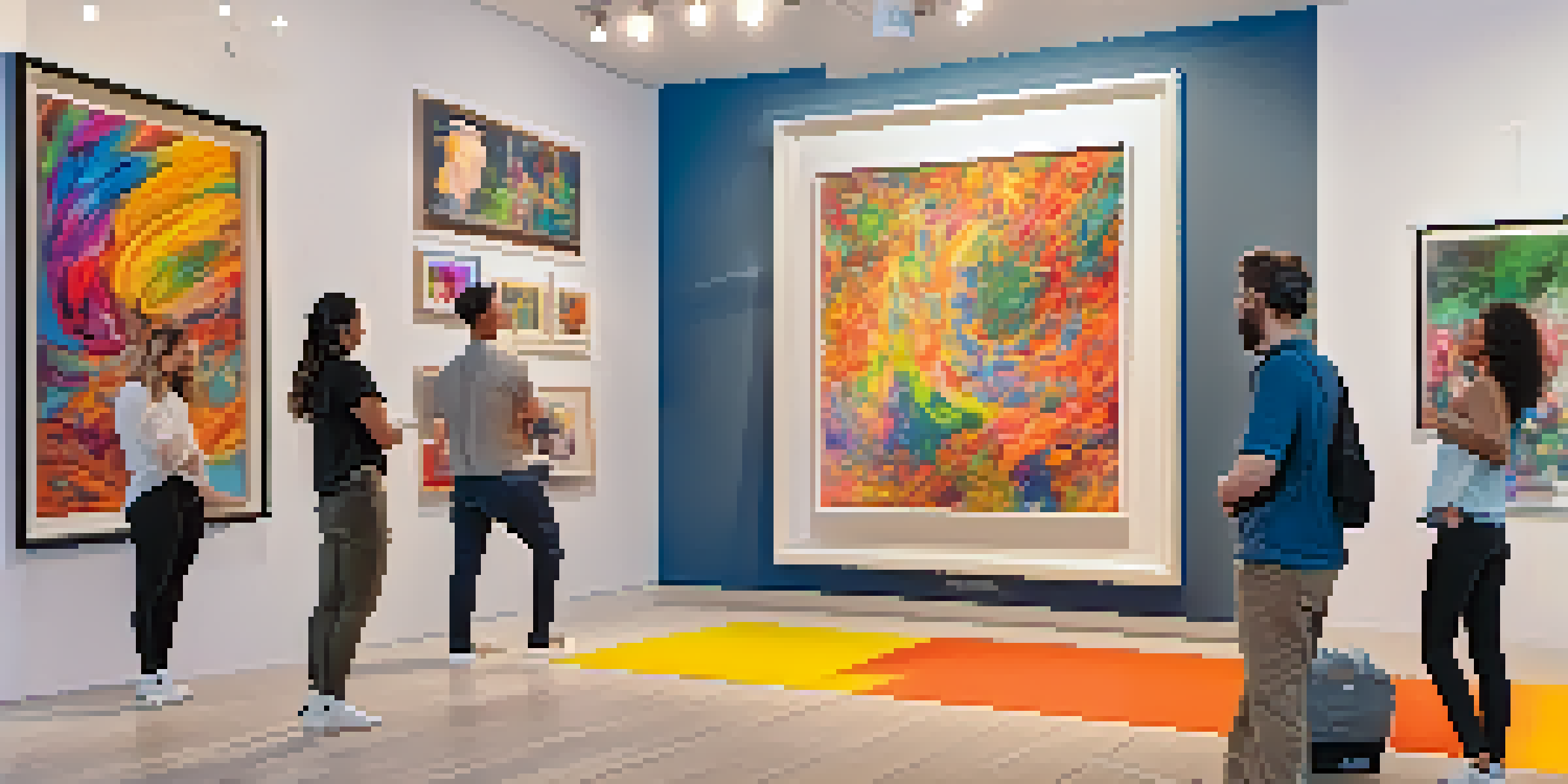 A digital representation of a virtual art exhibition with colorful artworks and viewers engaging through their devices.