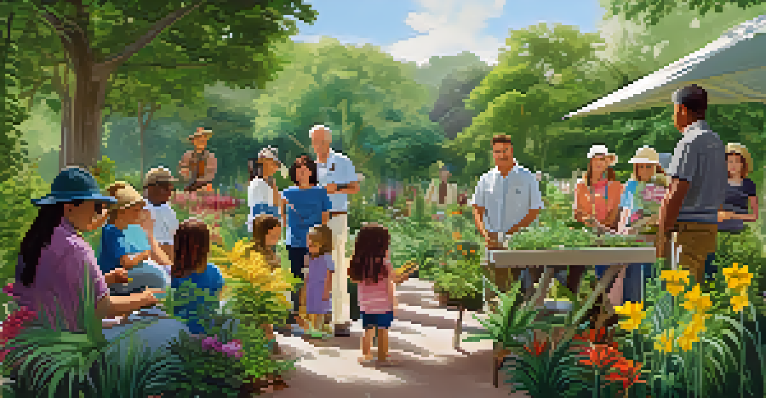 A diverse group of people attending a workshop in the Botanical Gardens, learning about native plant care amidst beautiful flora.