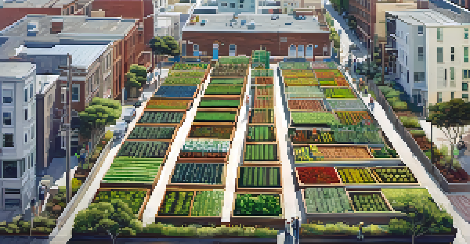 Aerial view of a flourishing urban farm in San Francisco, with rows of crops and community members gardening amidst tall buildings.