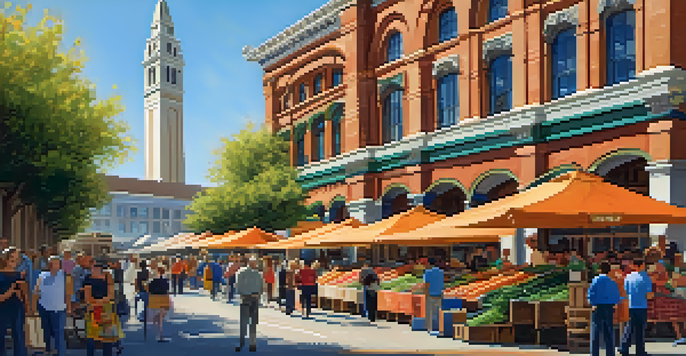 A lively marketplace in San Francisco with the restored Ferry Building, colorful vendor stalls, and shoppers enjoying the atmosphere under a sunny sky.
