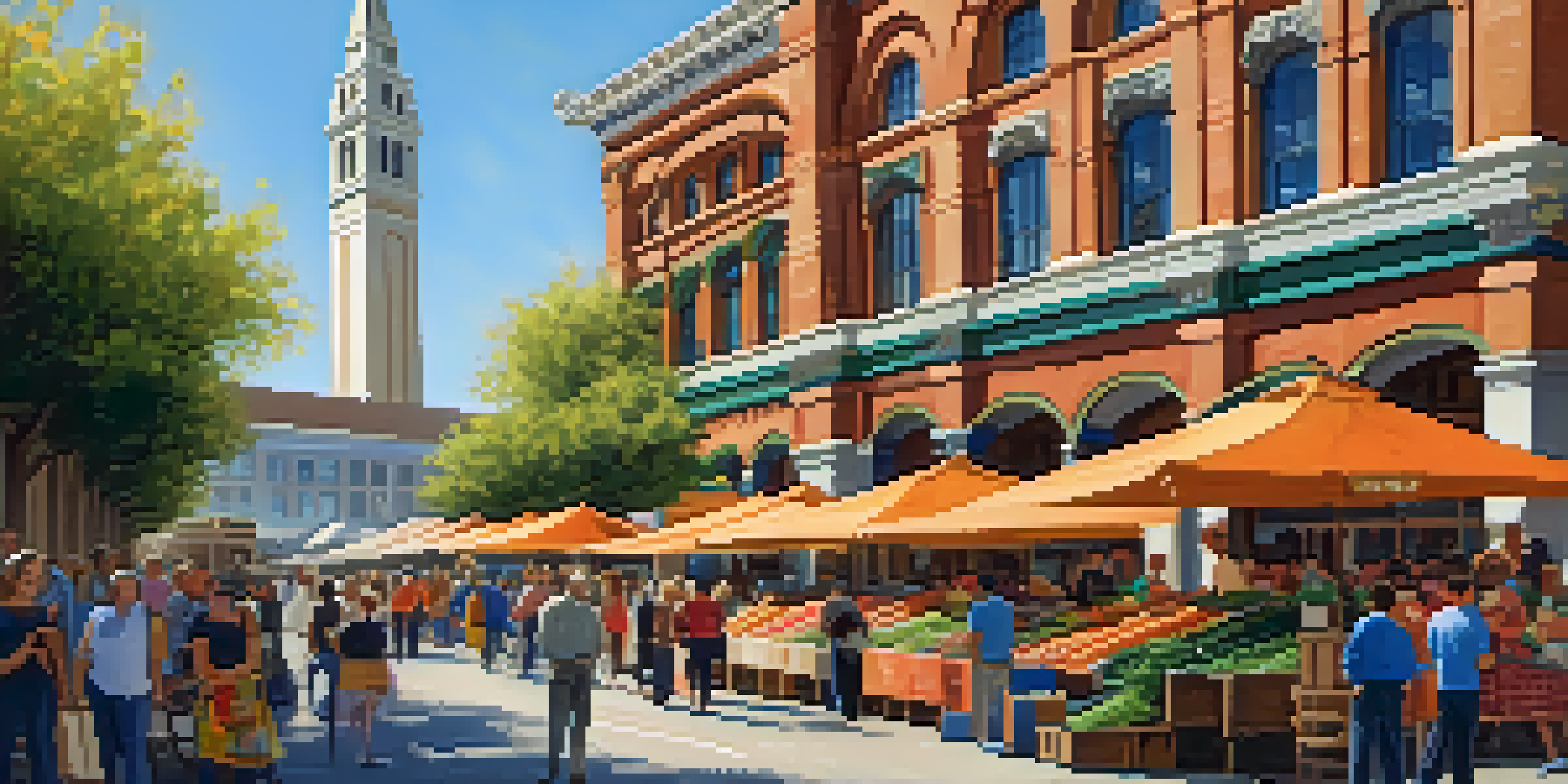 A lively marketplace in San Francisco with the restored Ferry Building, colorful vendor stalls, and shoppers enjoying the atmosphere under a sunny sky.