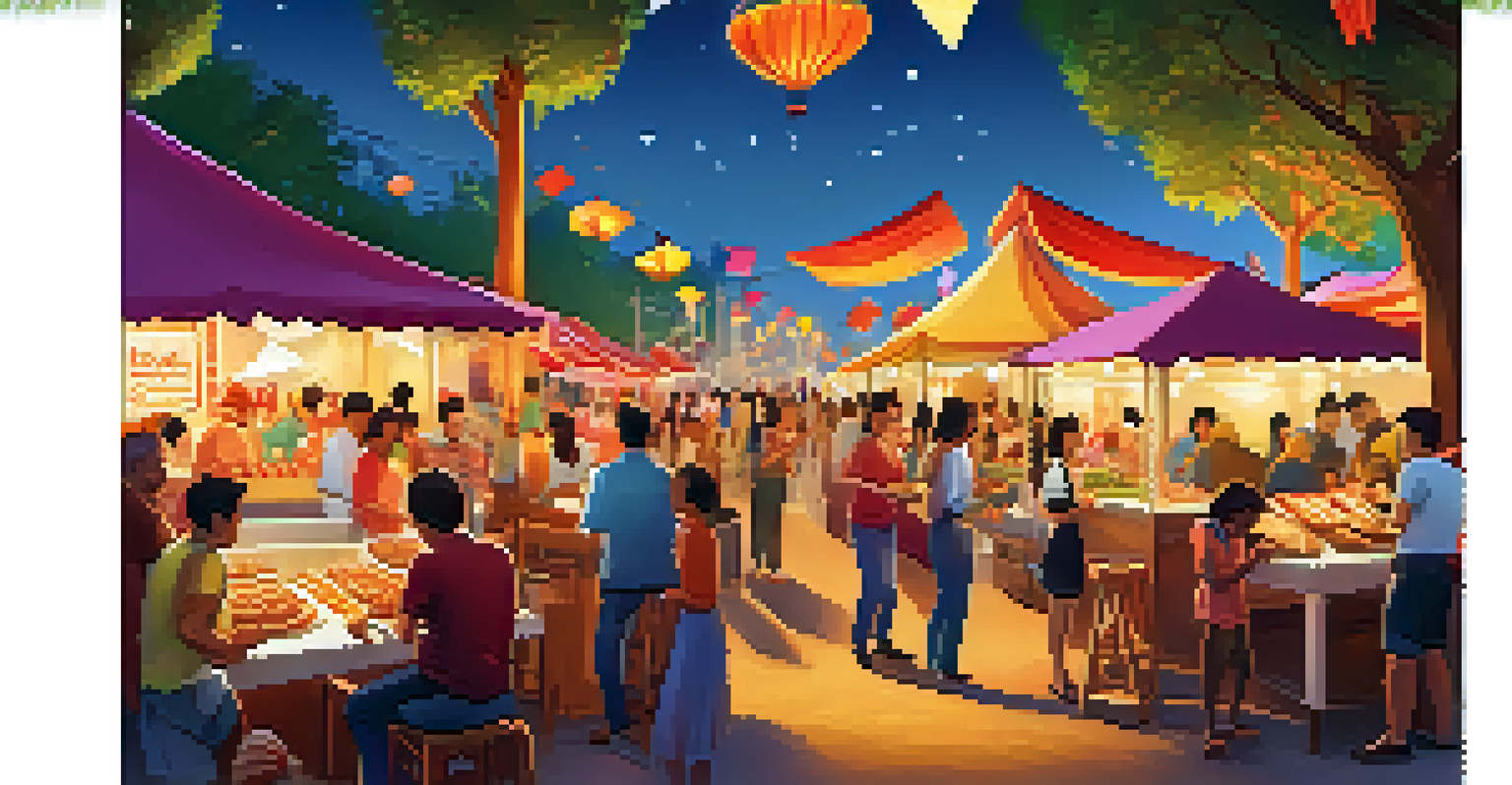 An outdoor food festival with diverse food stalls and people enjoying various cuisines, colorful decorations, and a band performing on stage.