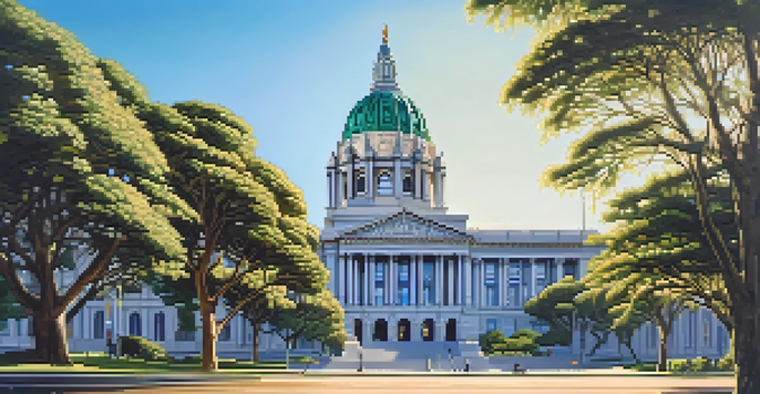 A beautiful exterior view of San Francisco City Hall, featuring its grand dome and detailed Art Deco architecture, set against a clear blue sky and green trees.