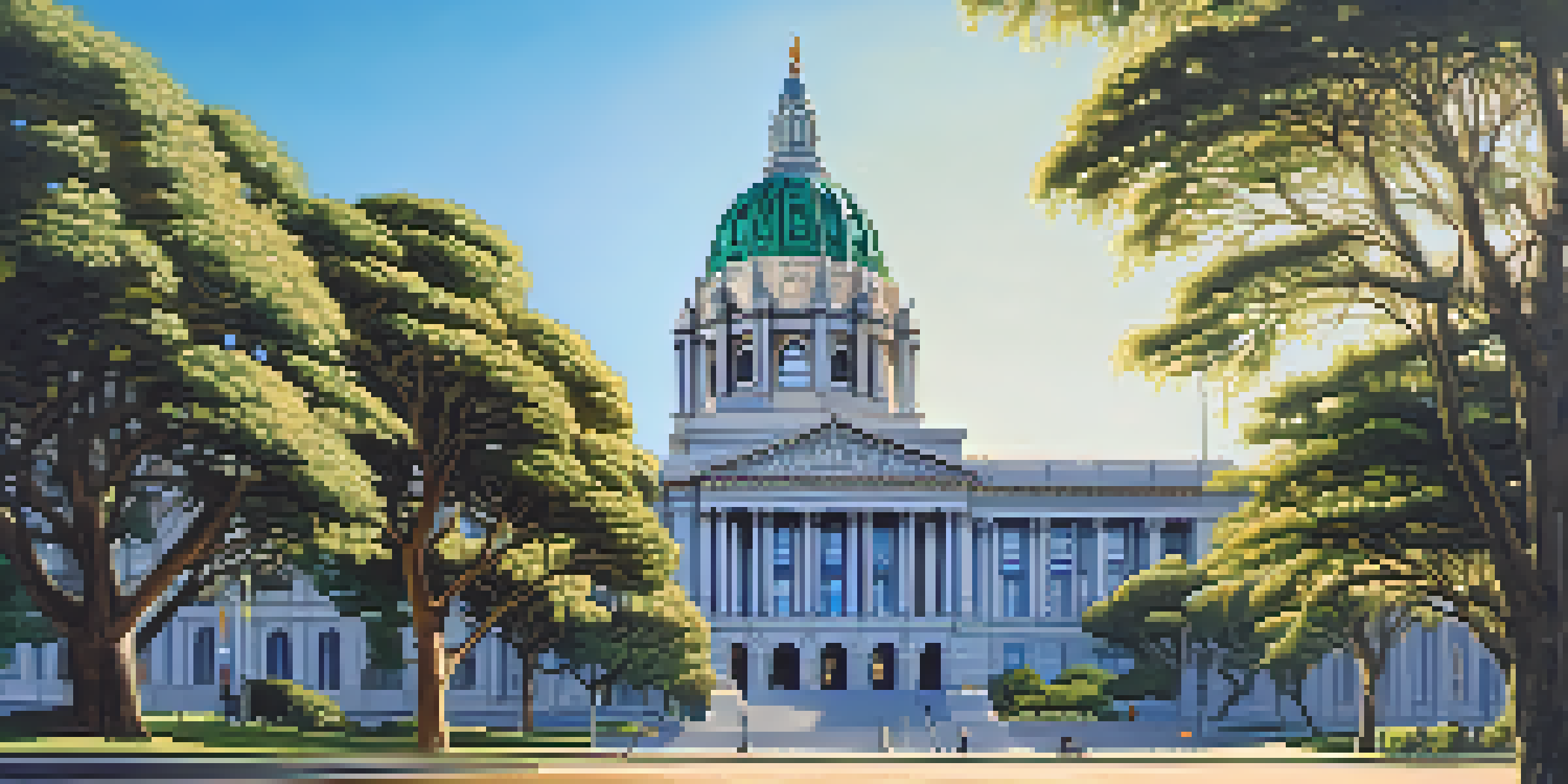 A beautiful exterior view of San Francisco City Hall, featuring its grand dome and detailed Art Deco architecture, set against a clear blue sky and green trees.