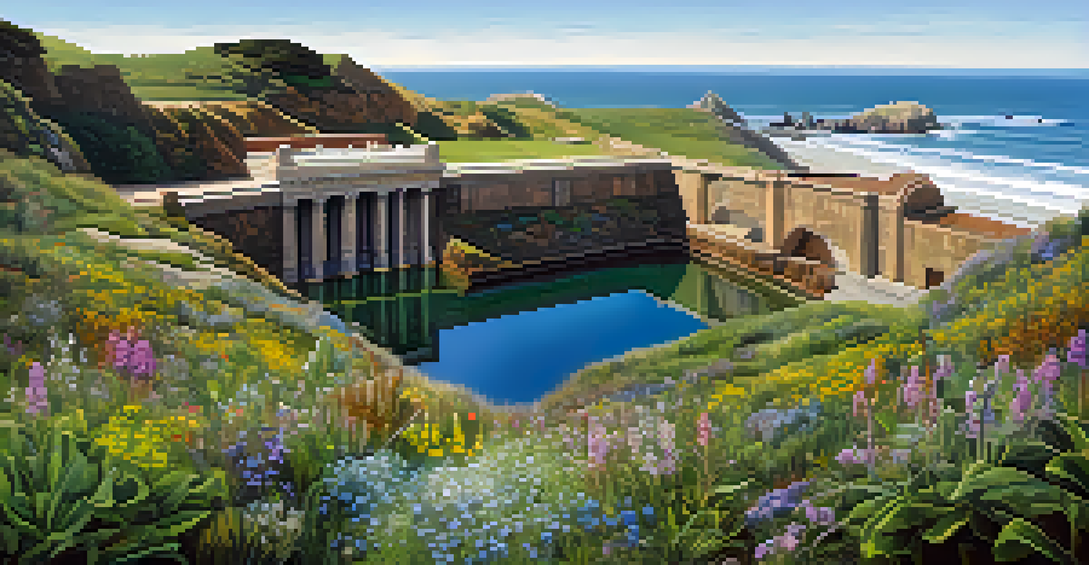 A panoramic view of the Sutro Baths ruins surrounded by coastal cliffs and greenery, with the ocean in the background.