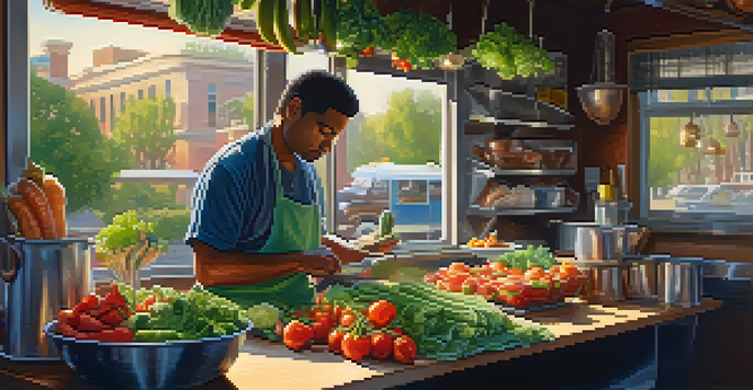 A food truck owner in a cozy kitchen, preparing fresh ingredients with colorful vegetables and marinated proteins, bathed in warm morning light.