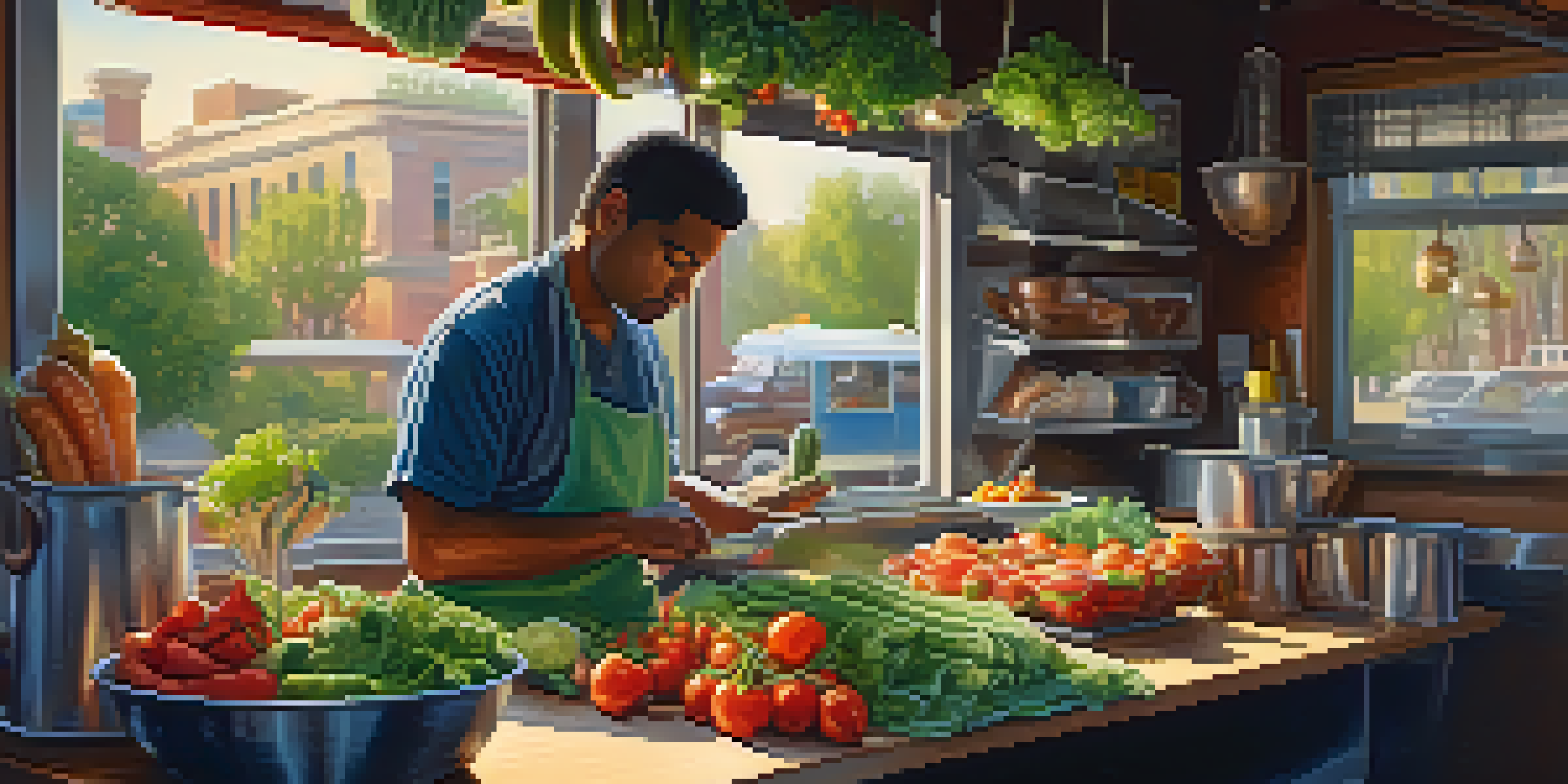 A food truck owner in a cozy kitchen, preparing fresh ingredients with colorful vegetables and marinated proteins, bathed in warm morning light.