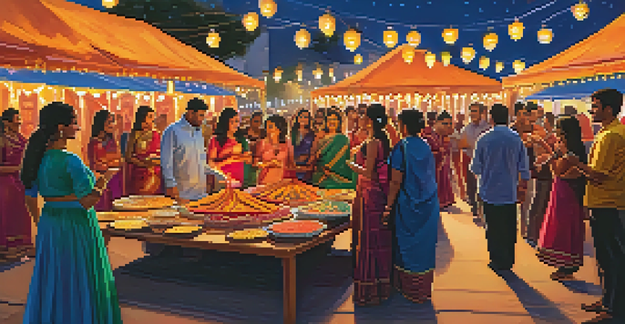 A lively Diwali celebration in San Francisco with families, food stalls, and dancers, all illuminated by colorful lights and diyas.