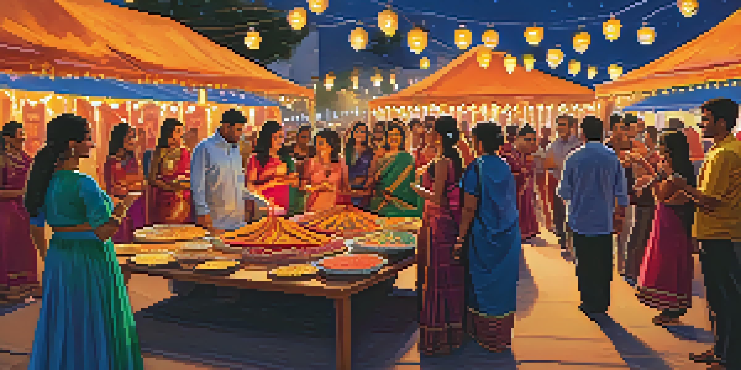 A lively Diwali celebration in San Francisco with families, food stalls, and dancers, all illuminated by colorful lights and diyas.