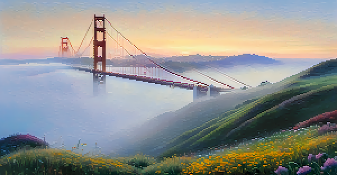A foggy morning view of the Golden Gate Bridge with rolling hills and wildflowers in the foreground.