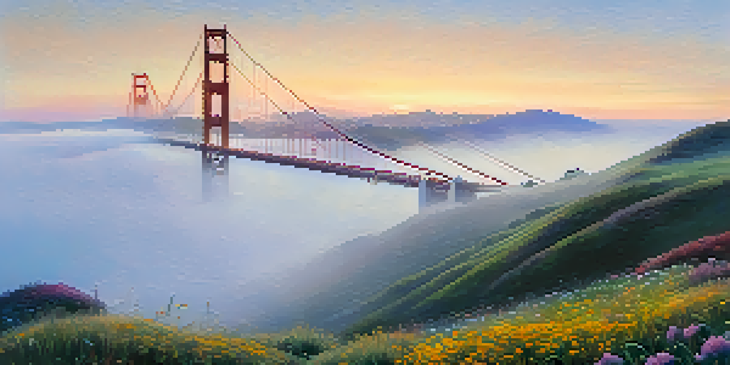 A foggy morning view of the Golden Gate Bridge with rolling hills and wildflowers in the foreground.