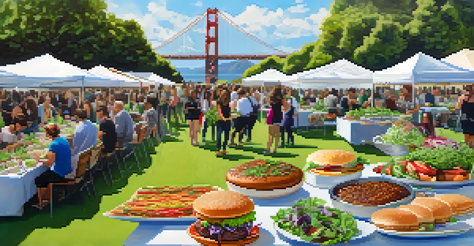 A beautifully arranged display of vegan food at a festival, with people participating in cooking demonstrations in the background.