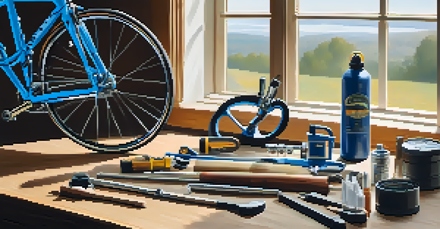 A well-organized set of bike maintenance tools on a wooden workbench, with a bike frame in the background.
