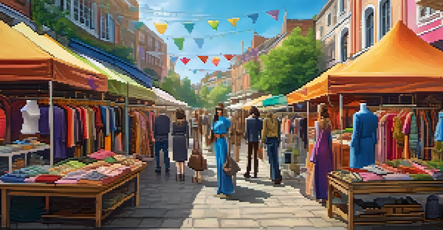A lively fashion marketplace with local designers displaying unique clothing and accessories, filled with shoppers.