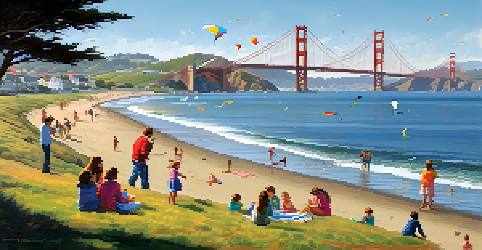 Families enjoying a day at Crissy Field with kites and picnics, and the Golden Gate Bridge in the background.