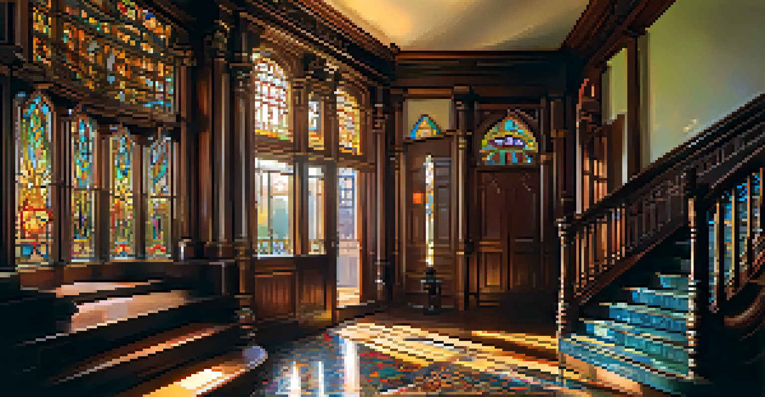An interior view of a room in the Winchester Mansion with a staircase that leads to nowhere, adorned with Victorian-style furnishings and colorful stained glass.