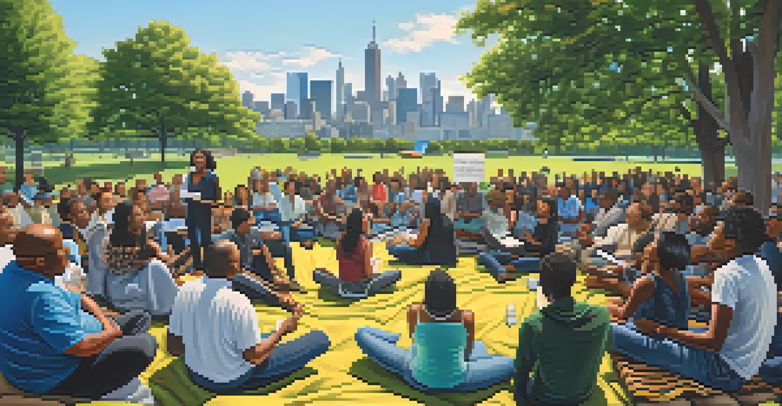 Residents gathered in a park for a community meeting on gentrification, showing diverse faces and signs for tenant rights, with a city skyline backdrop.