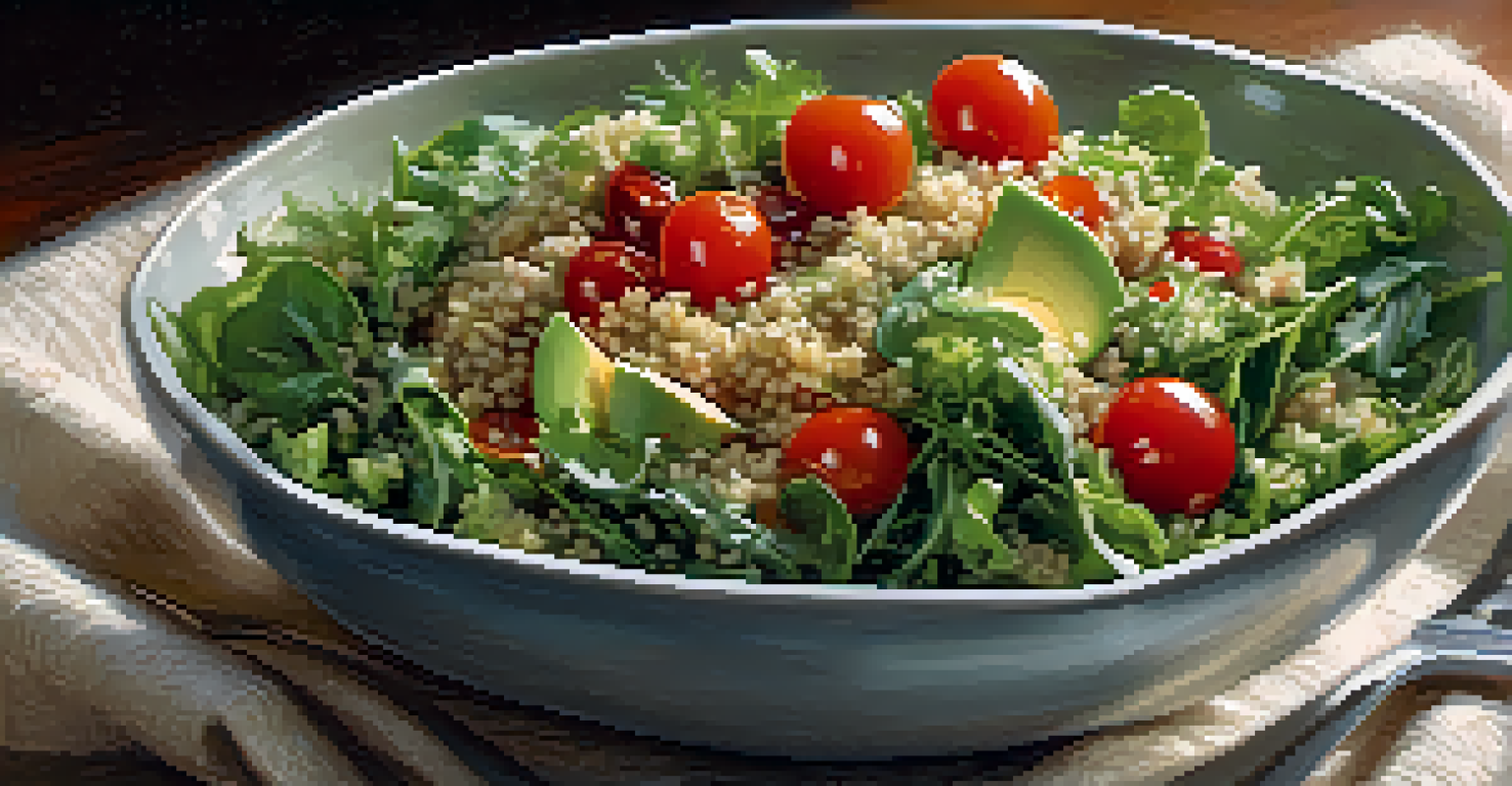 A close-up of a salad bowl with mixed greens, quinoa, cherry tomatoes, and avocado, drizzled with vinaigrette, on a linen cloth.