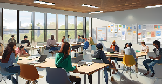 A university classroom where diverse students are engaged in collaborative learning, discussing ideas around a table filled with laptops and notebooks, under natural light from large windows.