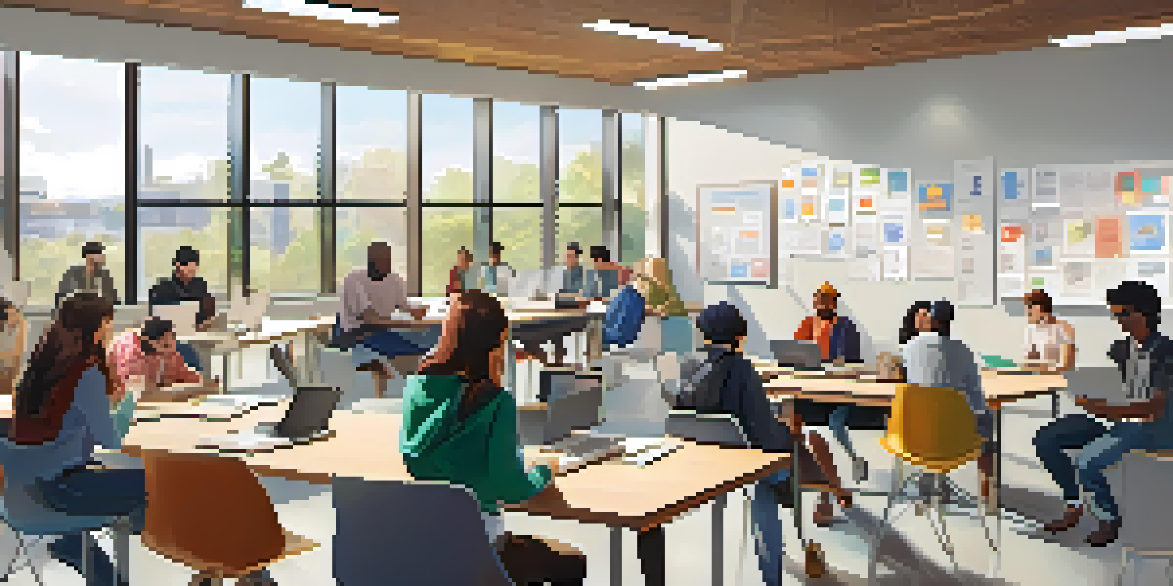 A university classroom where diverse students are engaged in collaborative learning, discussing ideas around a table filled with laptops and notebooks, under natural light from large windows.