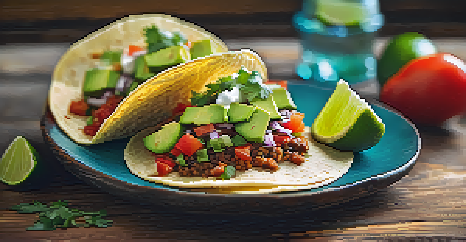 A close-up of a colorful taco filled with fresh ingredients on a wooden table.