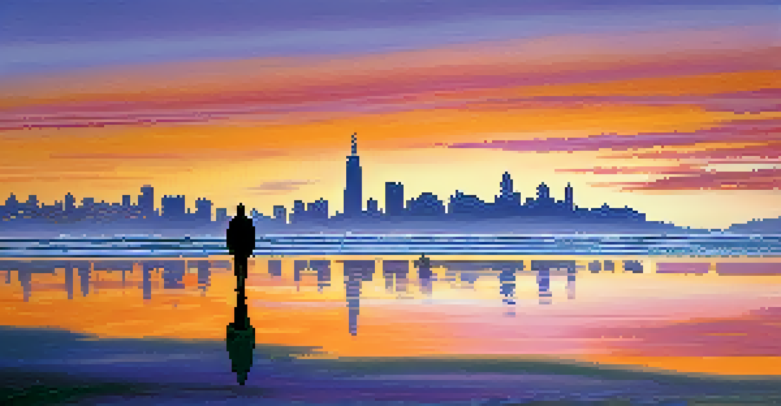 A sunset view of San Francisco's waterfront with a silhouetted figure walking along the beach, vibrant colors reflecting off the water.