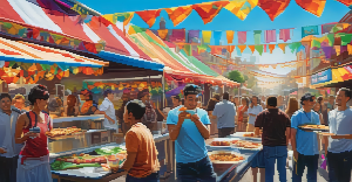 A lively street food festival with colorful food stalls and people enjoying diverse dishes.