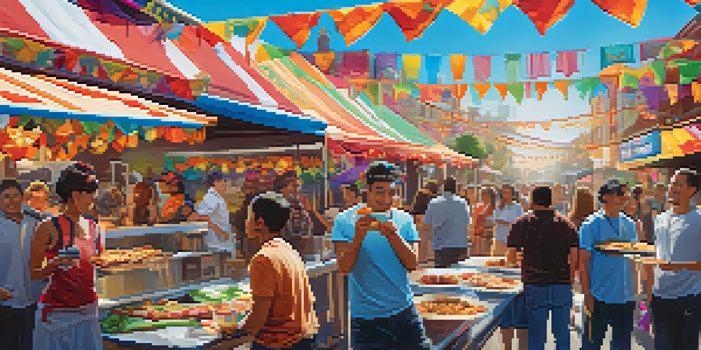 A lively street food festival with colorful food stalls and people enjoying diverse dishes.