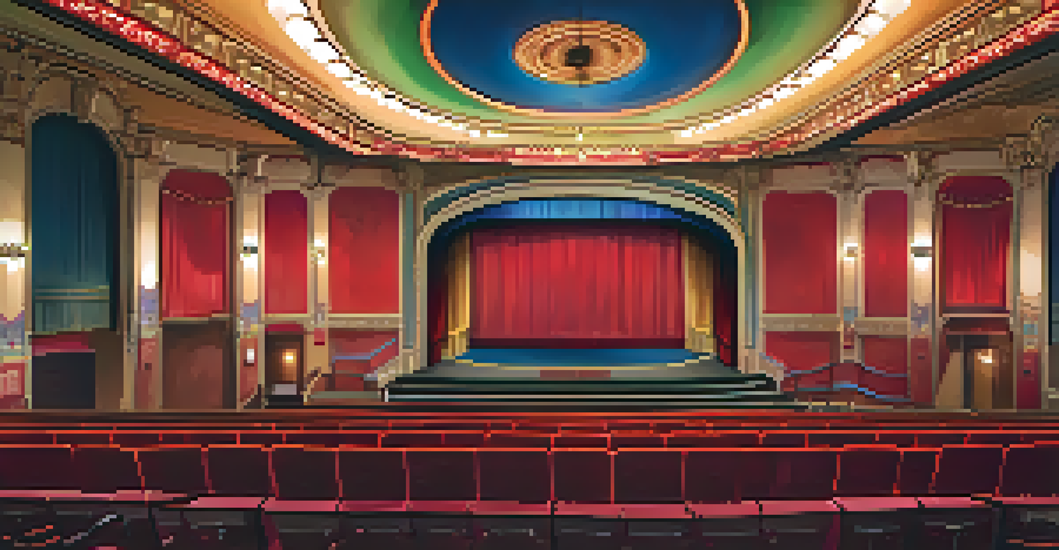 The interior of the Castro Theatre with Art Deco design and a marquee advertising an LGBTQ+ film festival.