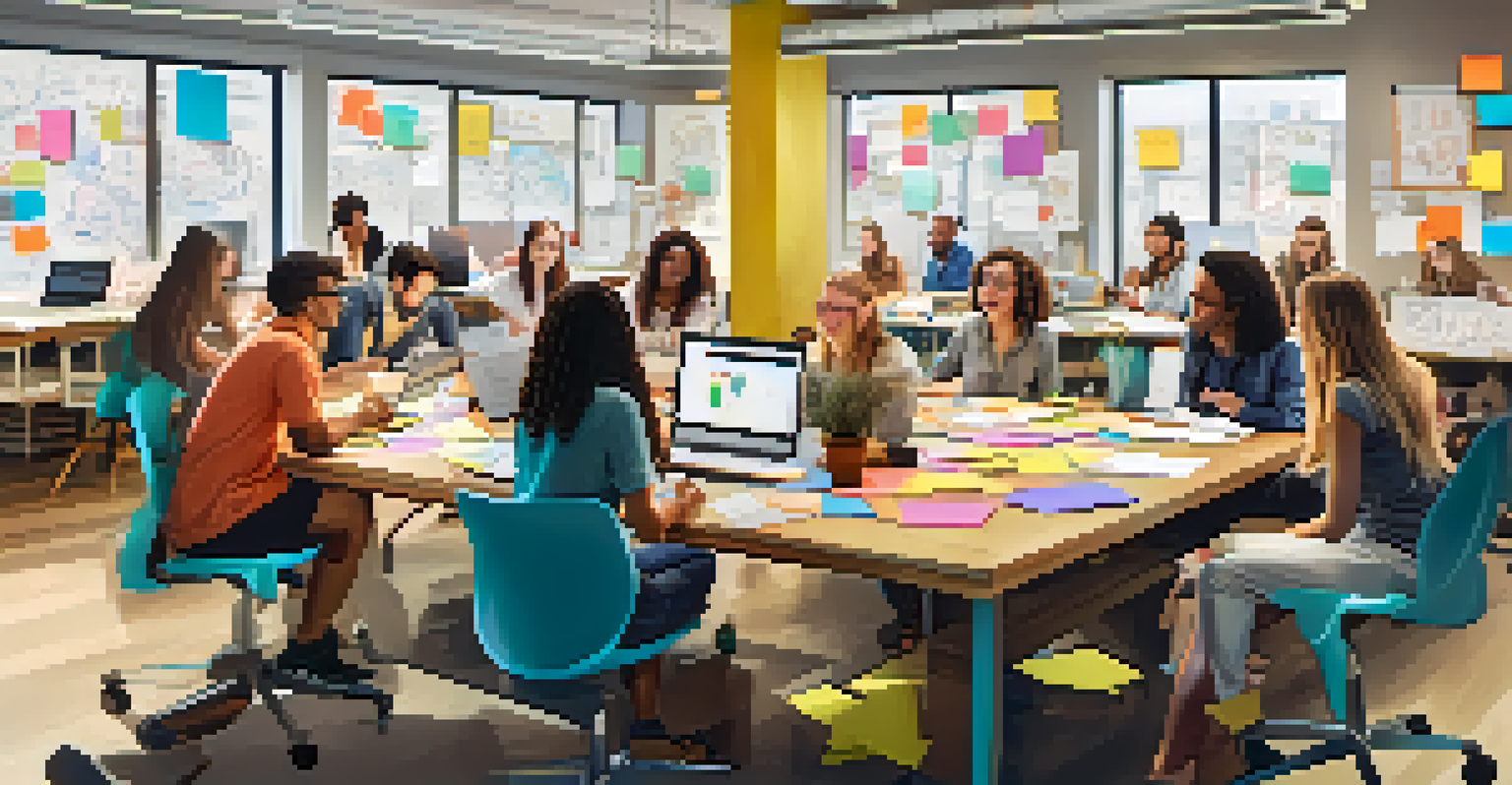A diverse group of interns engaging in a brainstorming session in a bright and creative workspace.
