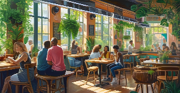 A bright and lively vegan cafe with plants, colorful art, and people enjoying meals.