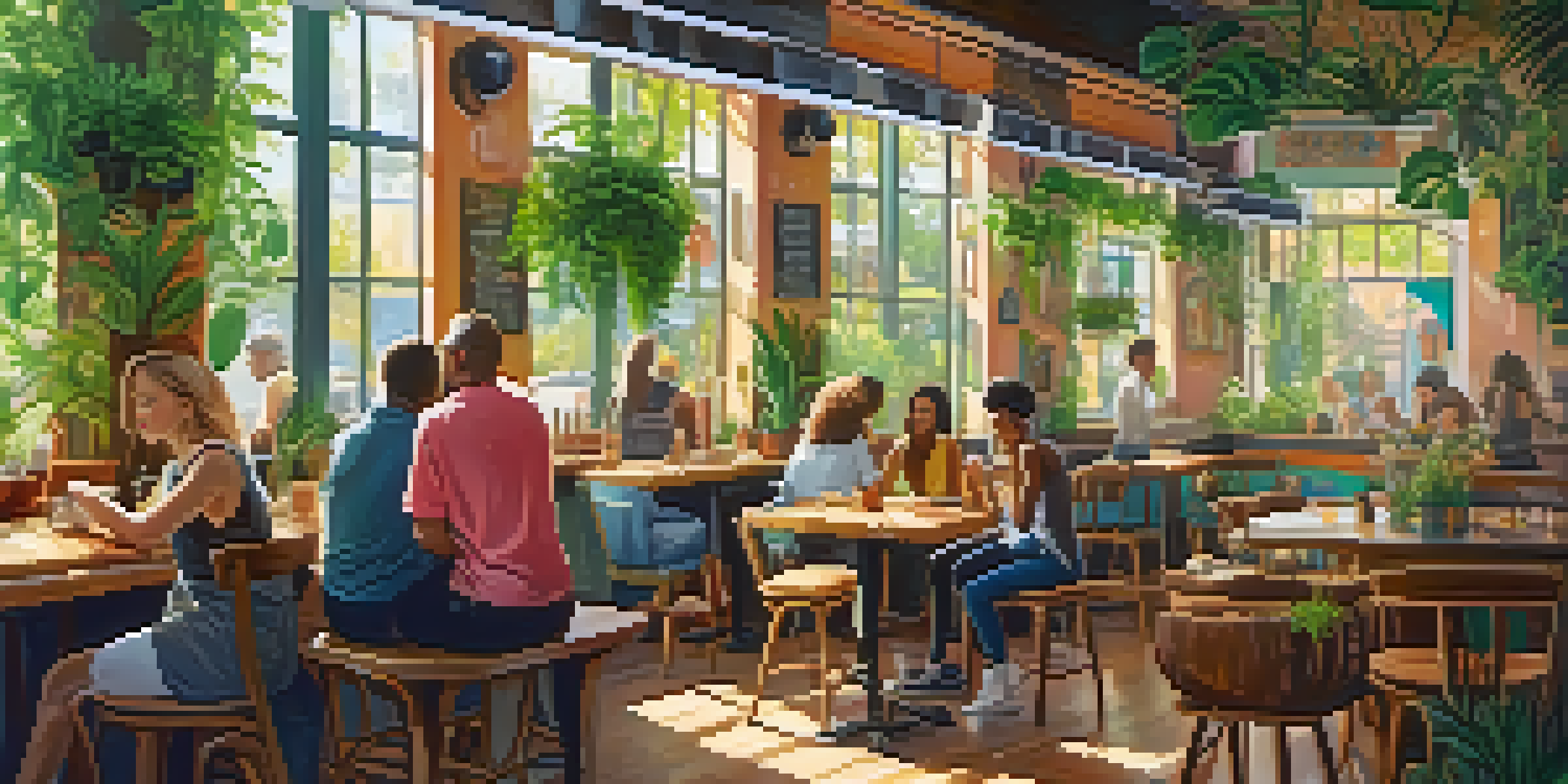 A bright and lively vegan cafe with plants, colorful art, and people enjoying meals.