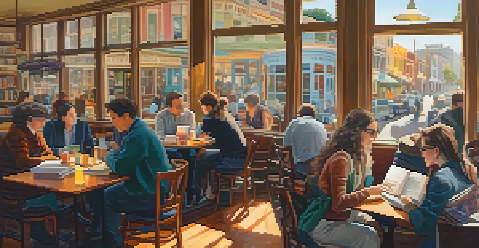 A café in San Francisco with writers engaged in discussion, featuring bright Victorian houses outside.