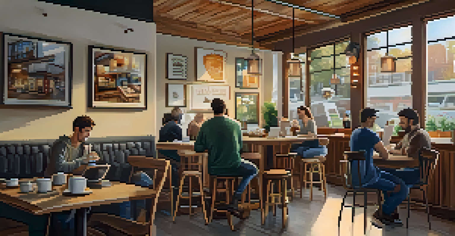 An inviting coffee shop with a barista at work, patrons enjoying coffee and local art on the walls.
