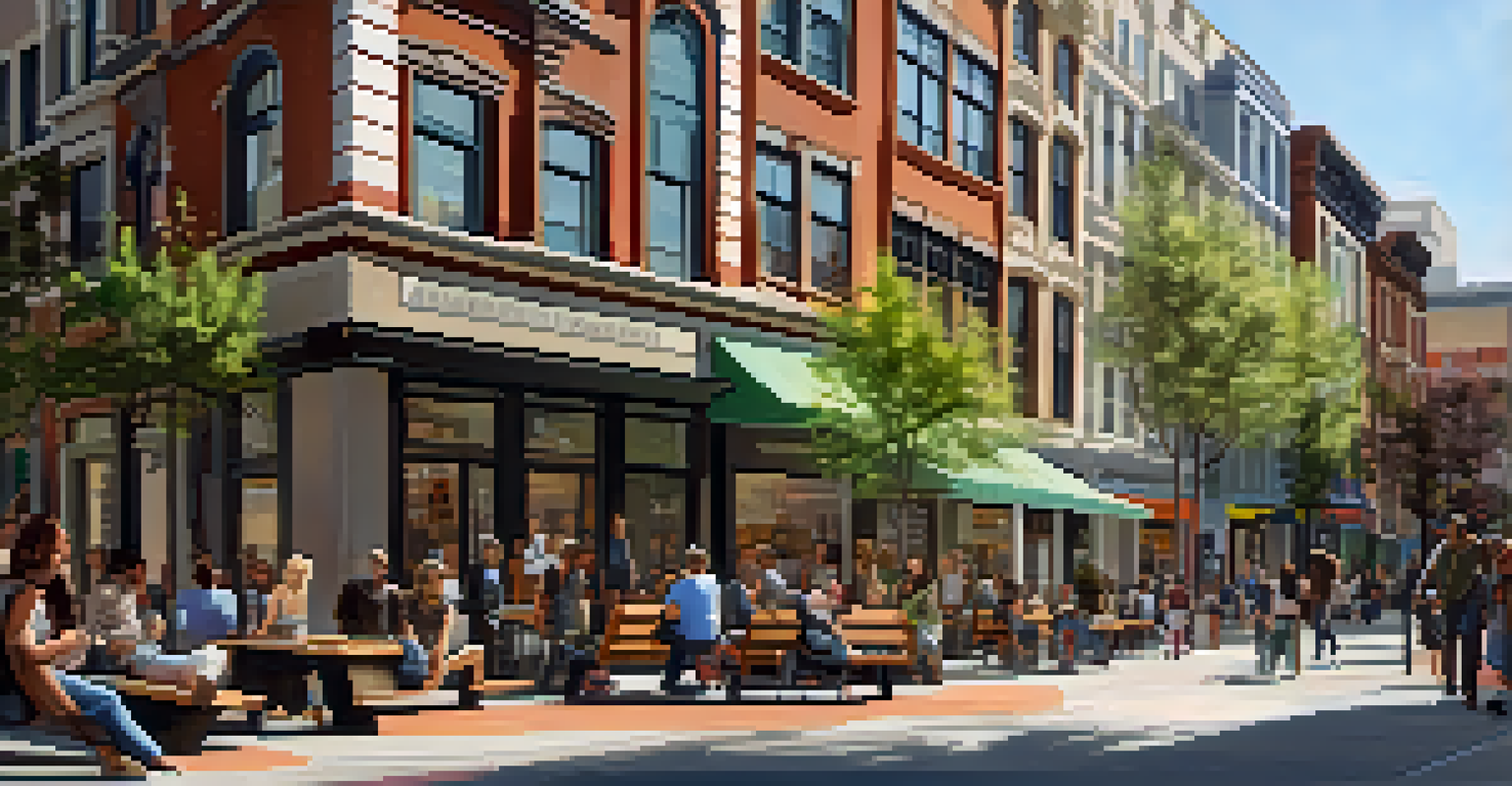 A modern mixed-use building in the Tenderloin District, with shops below and apartments above, surrounded by green spaces and people enjoying the outdoors.
