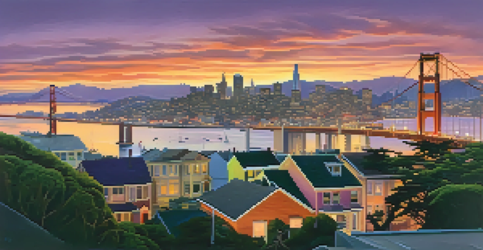 A sunset view of San Francisco's skyline with the Golden Gate Bridge in silhouette and colorful skies.