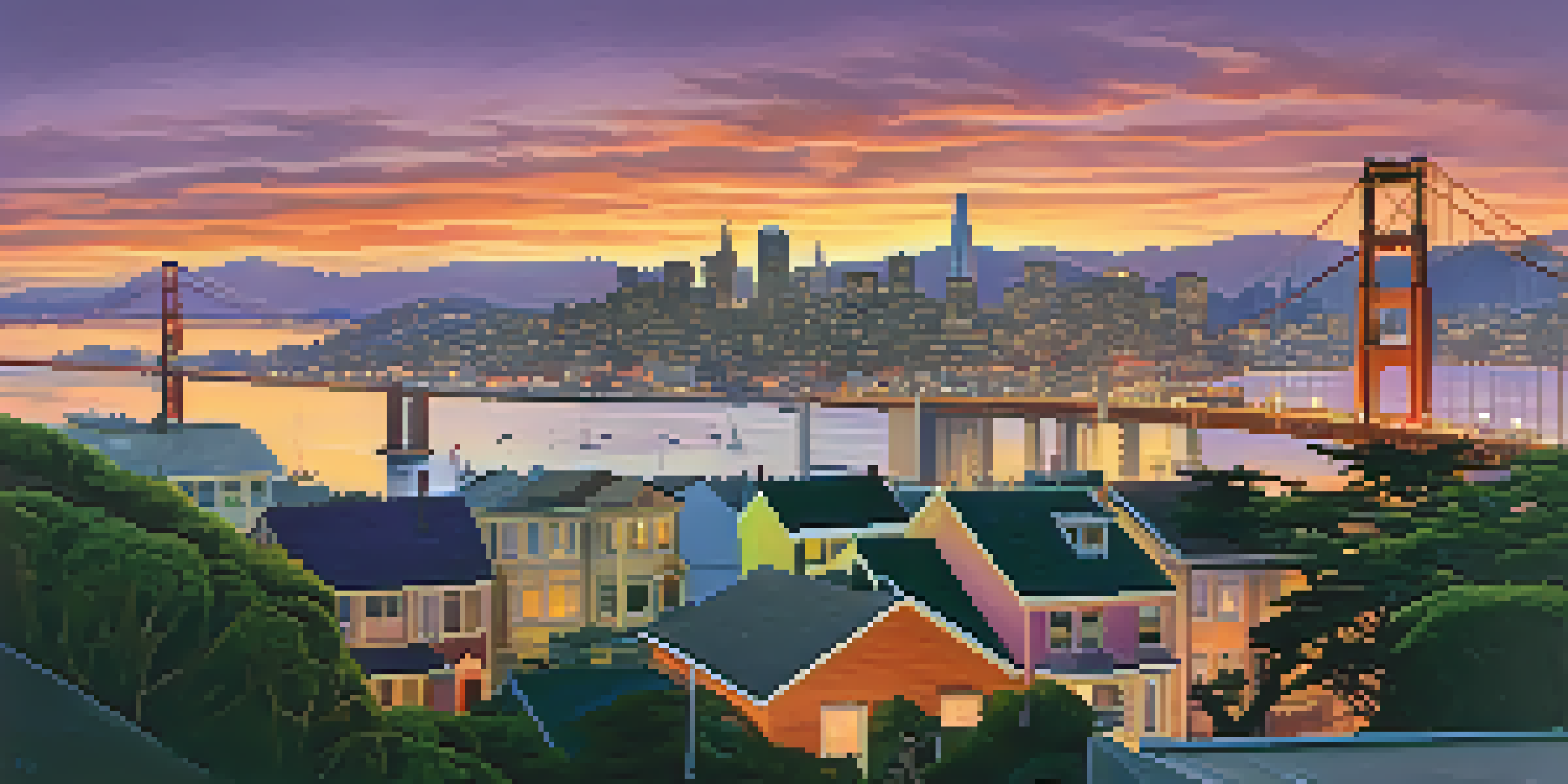 A sunset view of San Francisco's skyline with the Golden Gate Bridge in silhouette and colorful skies.