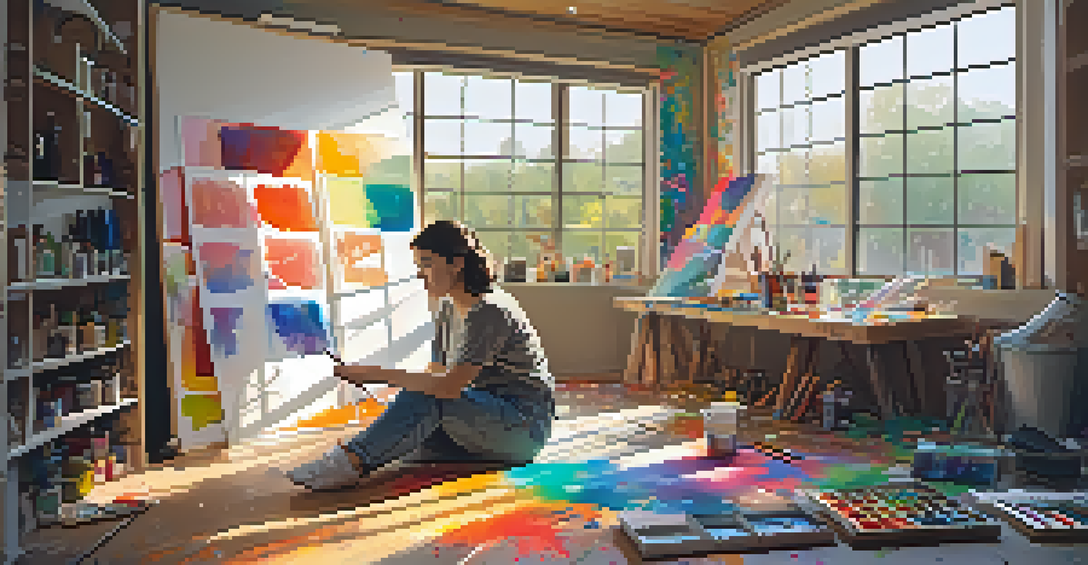 An artist in a bright studio creating a mural sketch, surrounded by art supplies and colorful artwork.