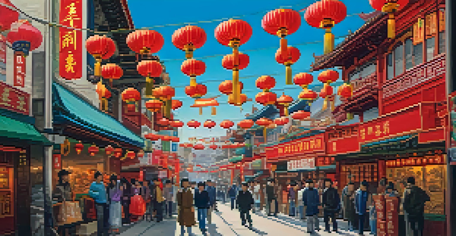 A lively street scene in Chinatown, showcasing colorful shops and the Dragon Gate amidst a bustling atmosphere.