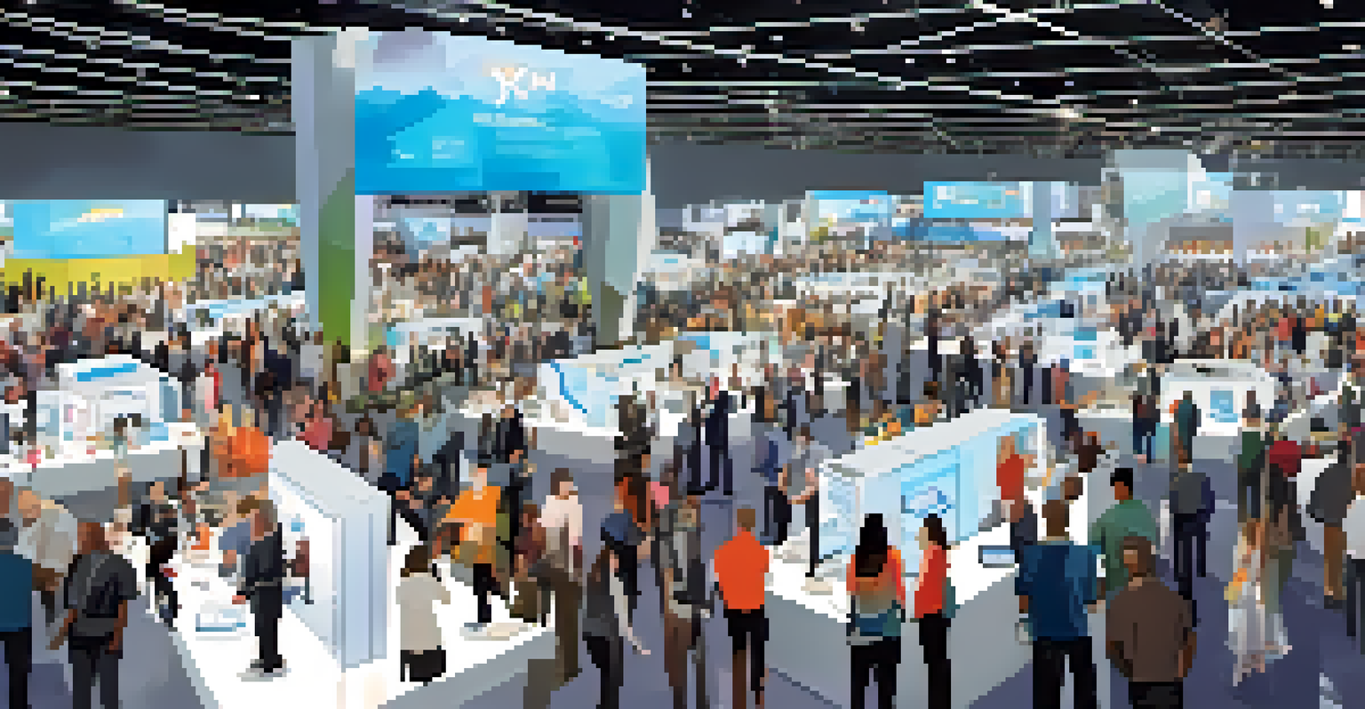 A crowded tech conference with diverse attendees networking and showcasing innovative technologies.